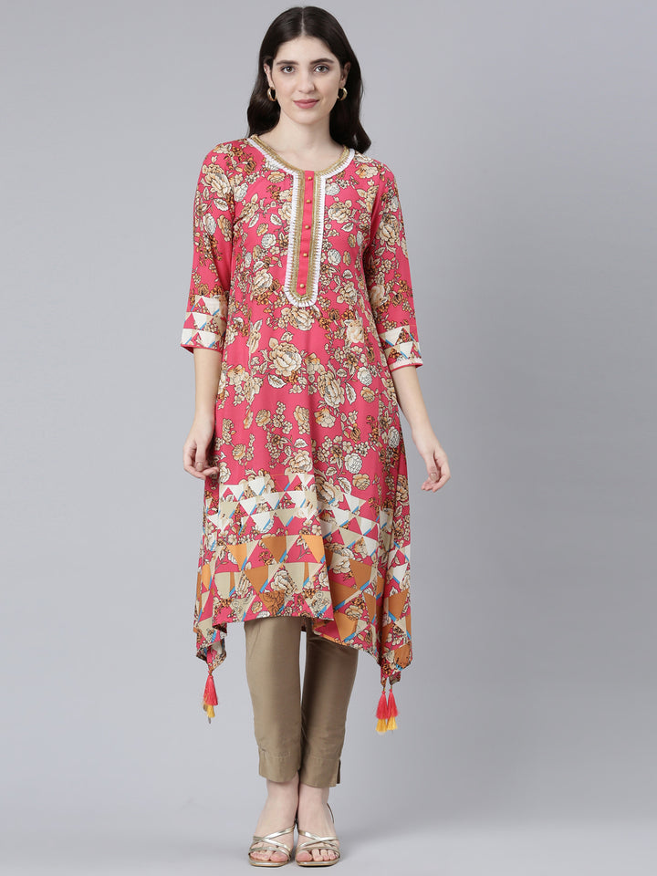 Neerus Red rayon printed A-Line kurti - front view