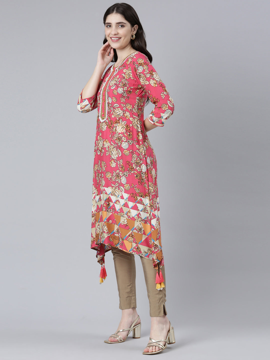 Neerus Red rayon printed A-Line kurti - back view
