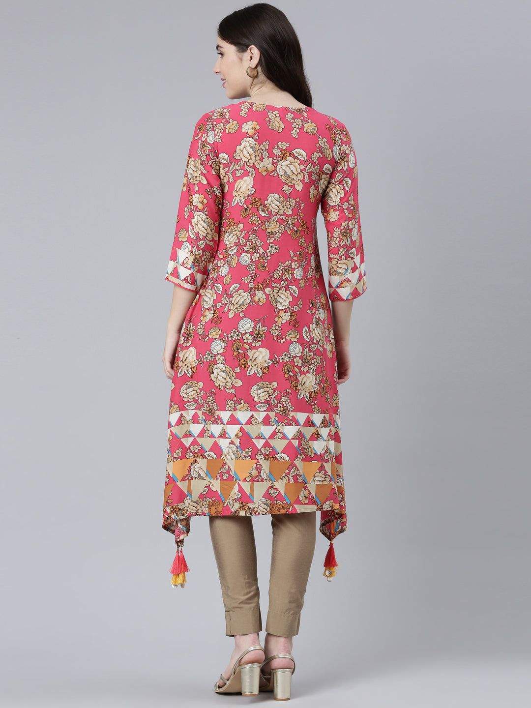Neerus Red rayon printed A-Line kurti - side view