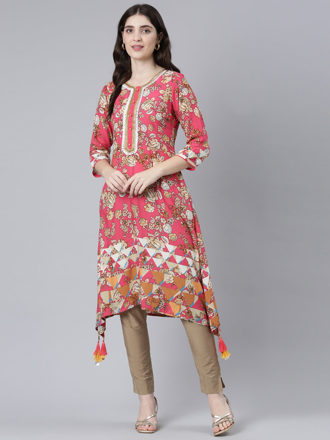 Neerus Red rayon printed A-Line kurti - detail view 2