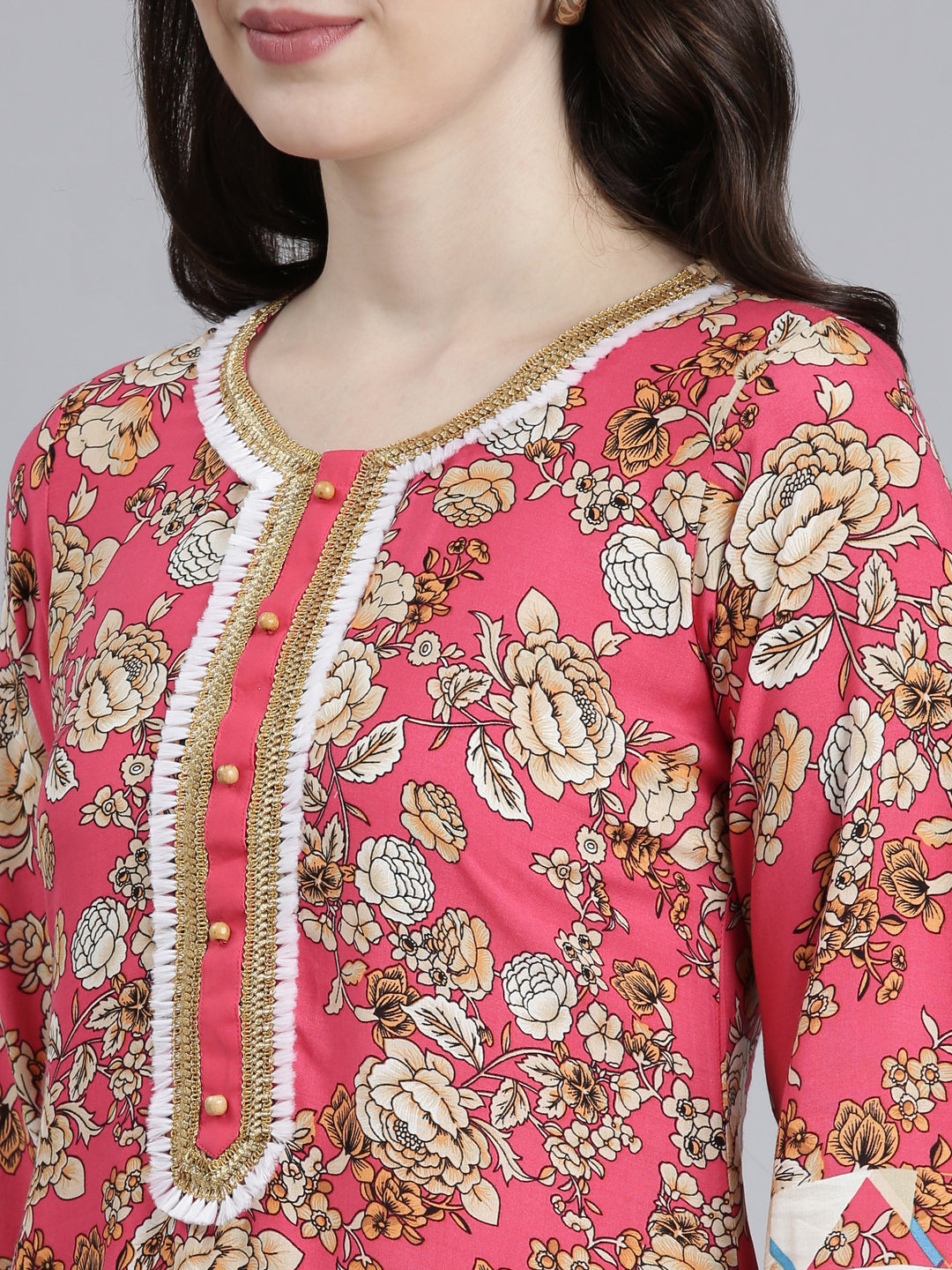 Neerus Red rayon printed A-Line kurti - detail view 1