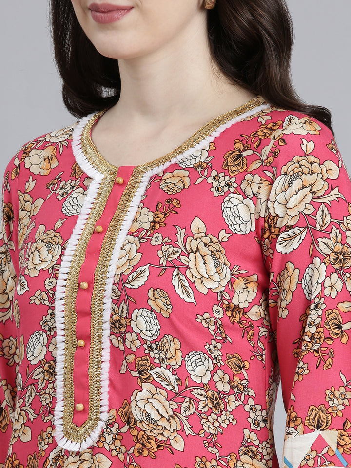 Neerus Red rayon printed A-Line kurti - detail view 1