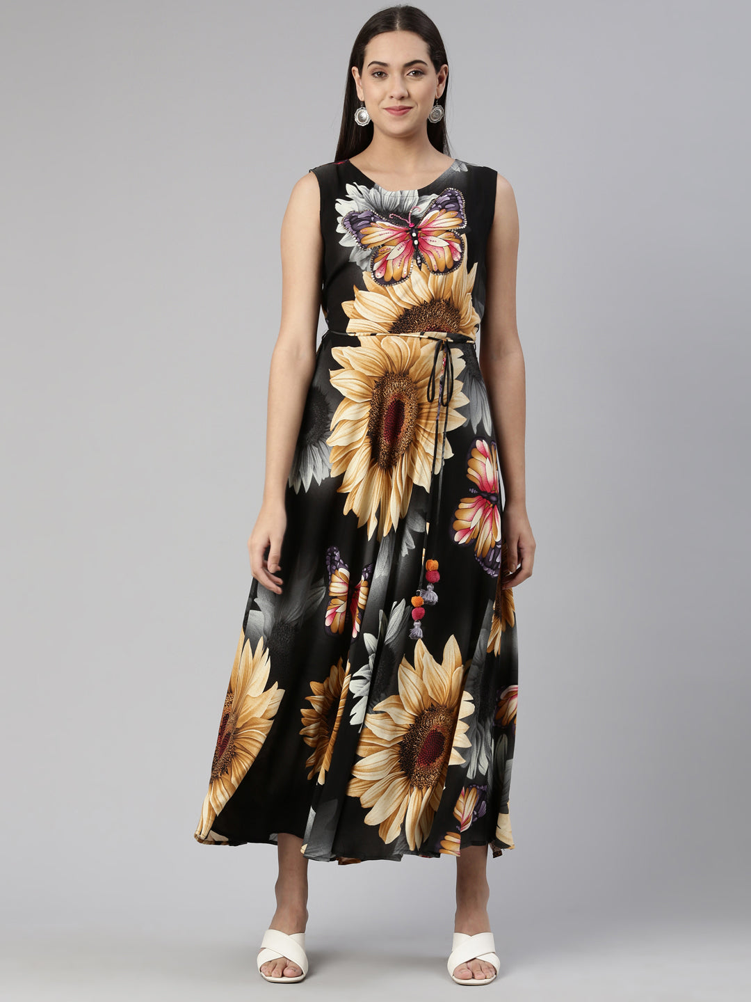 Neerus Grey Floral Ethnic Maxi Maxi Dress