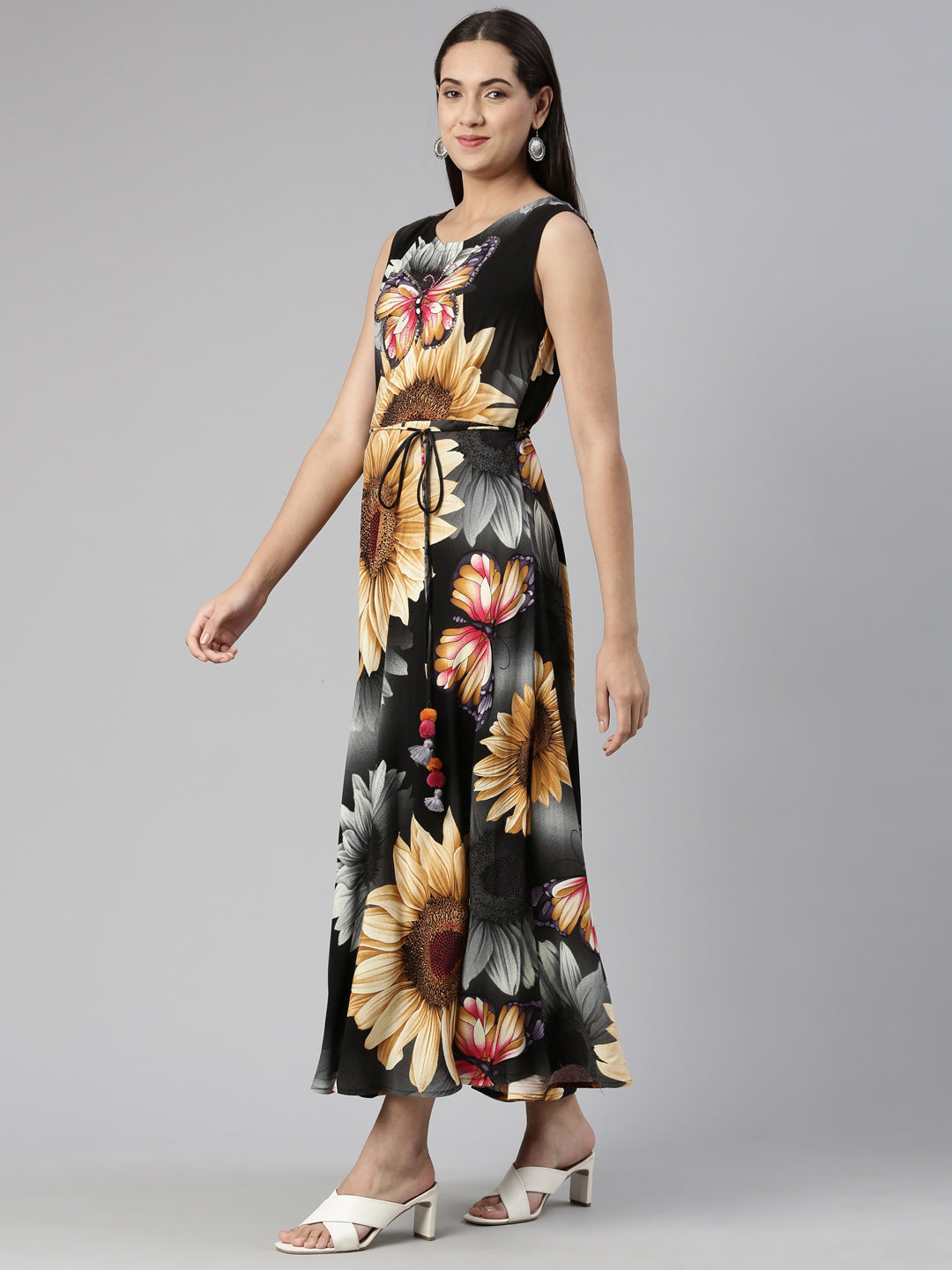 Neerus Grey Floral Ethnic Maxi Maxi Dress