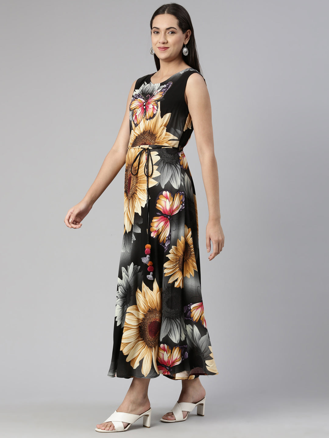 Neeru's Grey Floral Ethnic Maxi Maxi Dress