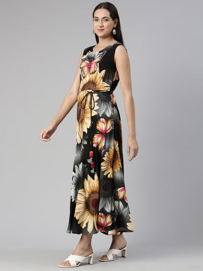 Neerus Grey Floral Ethnic Maxi Maxi Dress