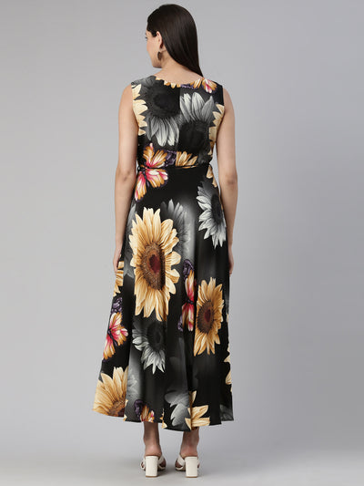 Neerus Grey Floral Ethnic Maxi Maxi Dress