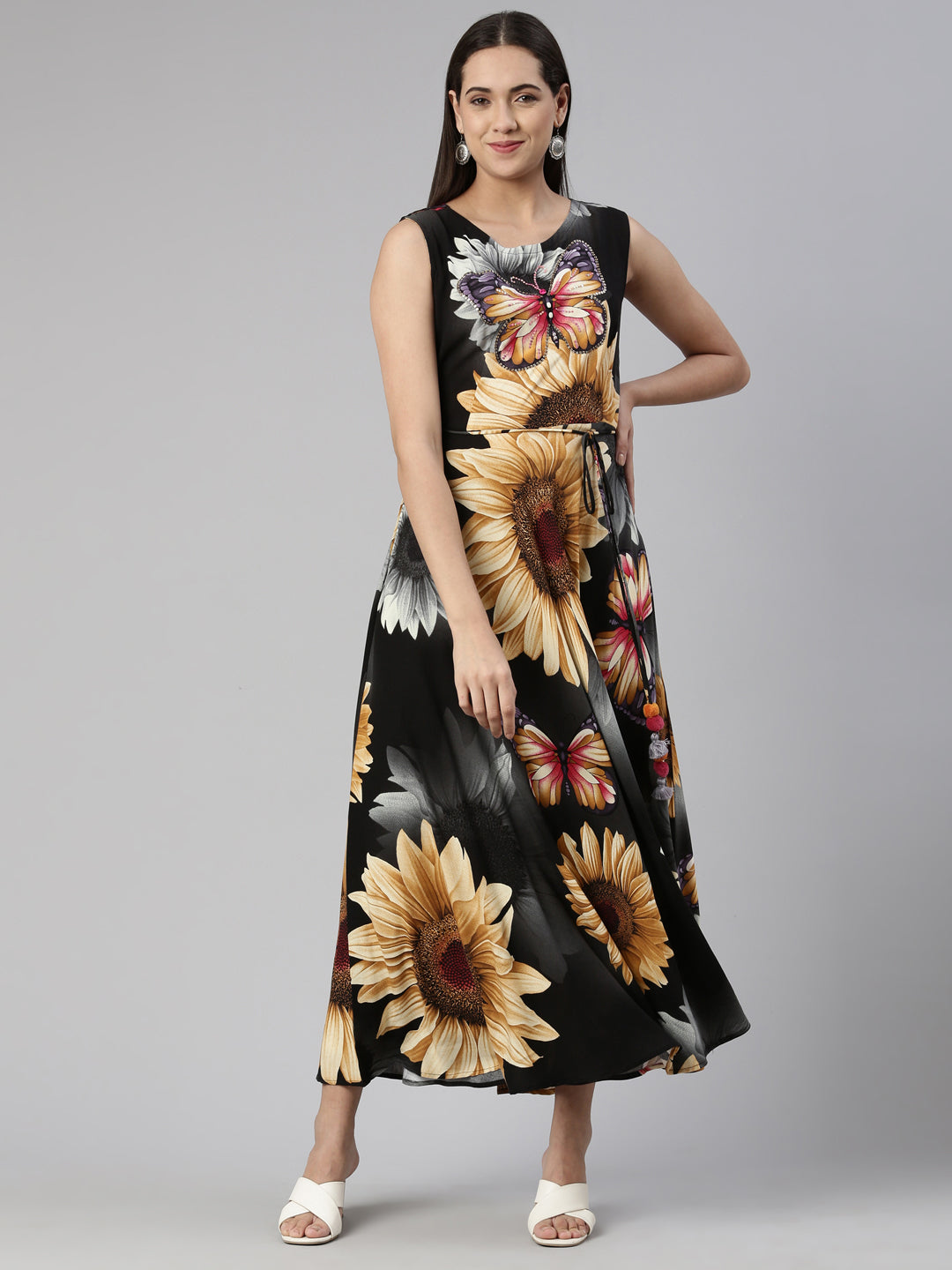 Neeru's Grey Floral Ethnic Maxi Maxi Dress