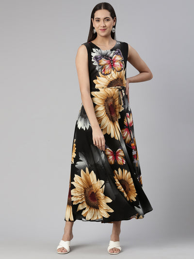 Neerus Grey Floral Ethnic Maxi Maxi Dress