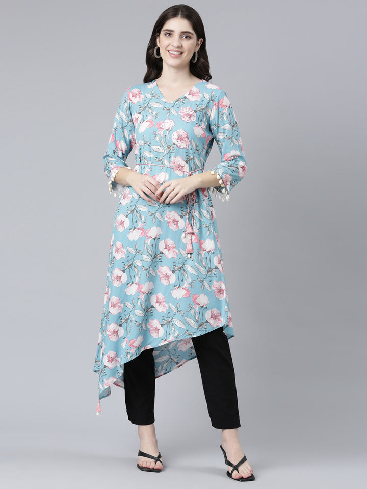 Neerus Blue High-Low Casual Printed Dress