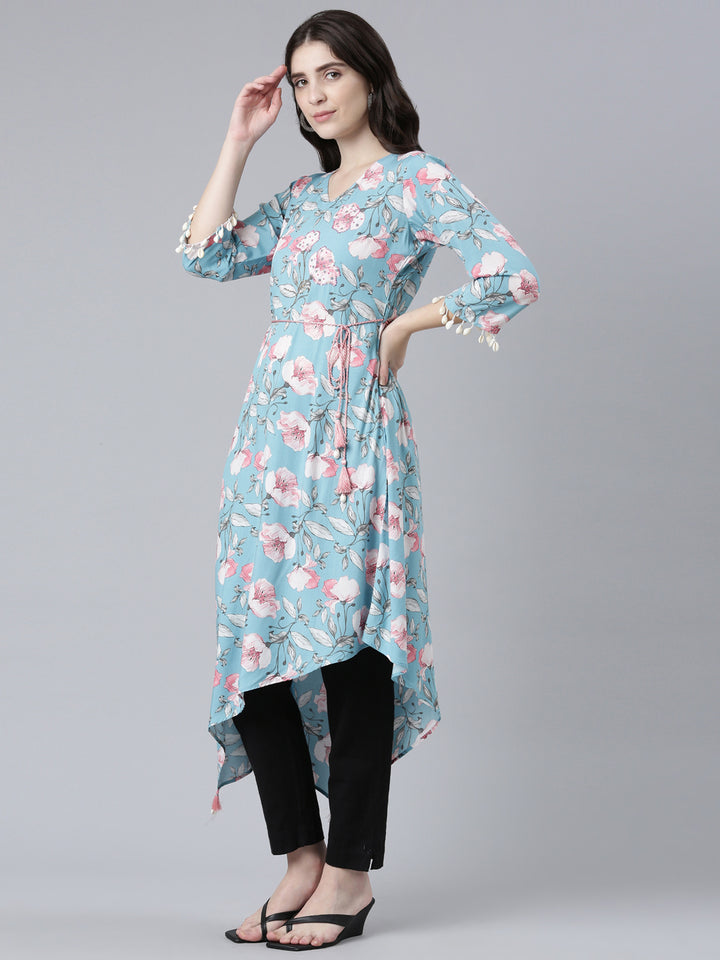 Neerus Blue High-Low Casual Printed Dress