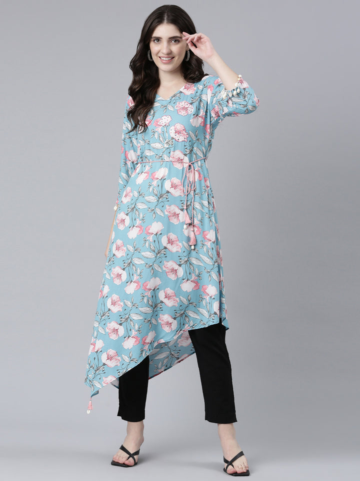 Neerus Blue High-Low Casual Printed Dress