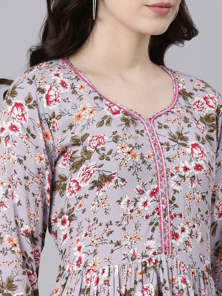 Neerus Lavender Regular Straight Printed Kurta And Trousers