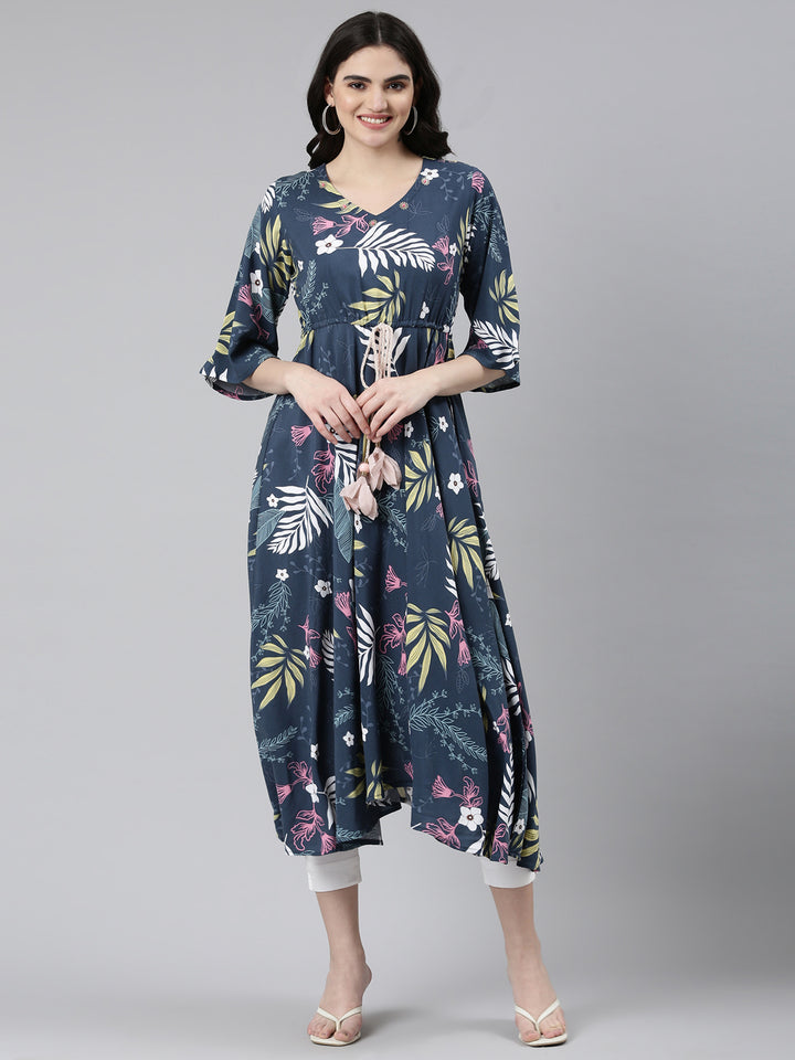 Neerus Blue High-Low Casual Printed Dress