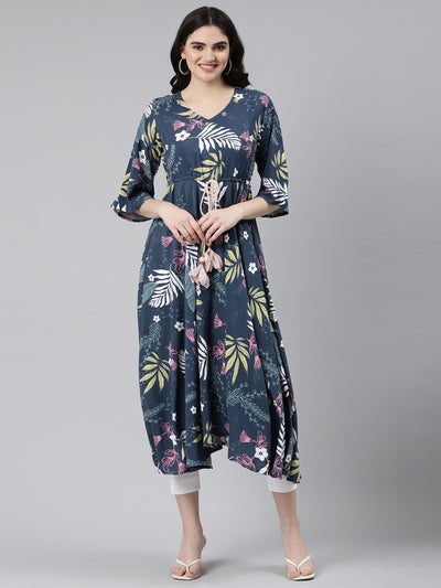 Neerus Blue High-Low Casual Printed Gown