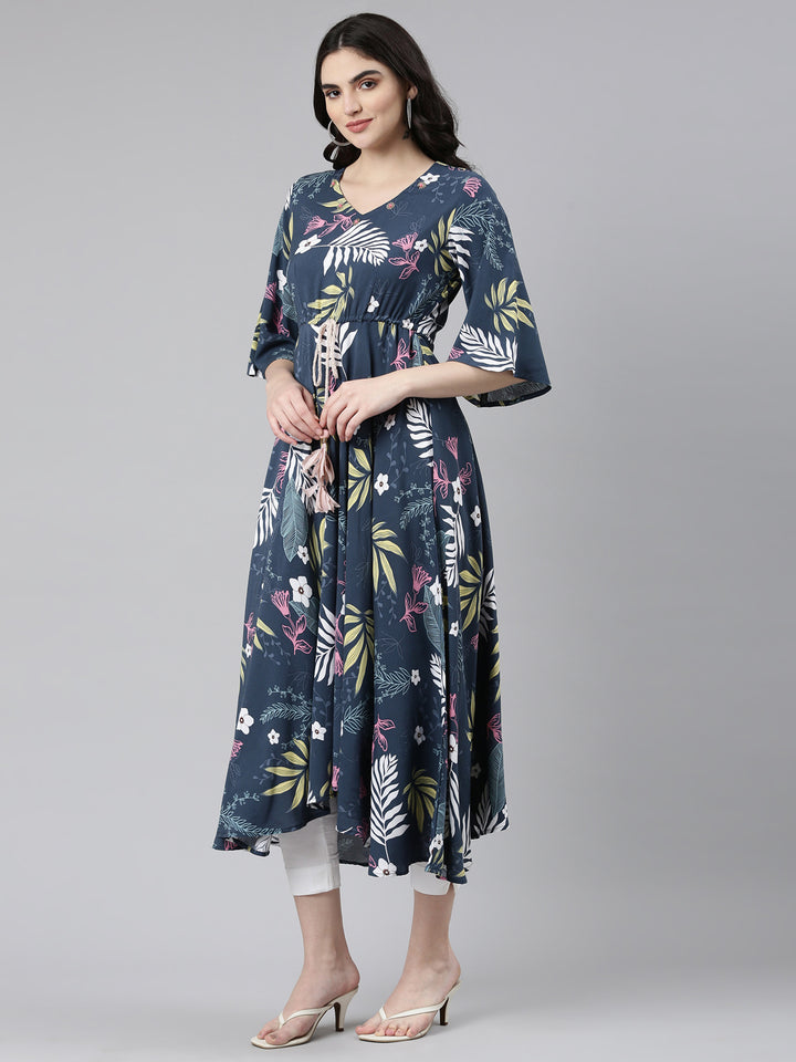 Neerus Blue High-Low Casual Printed Dress