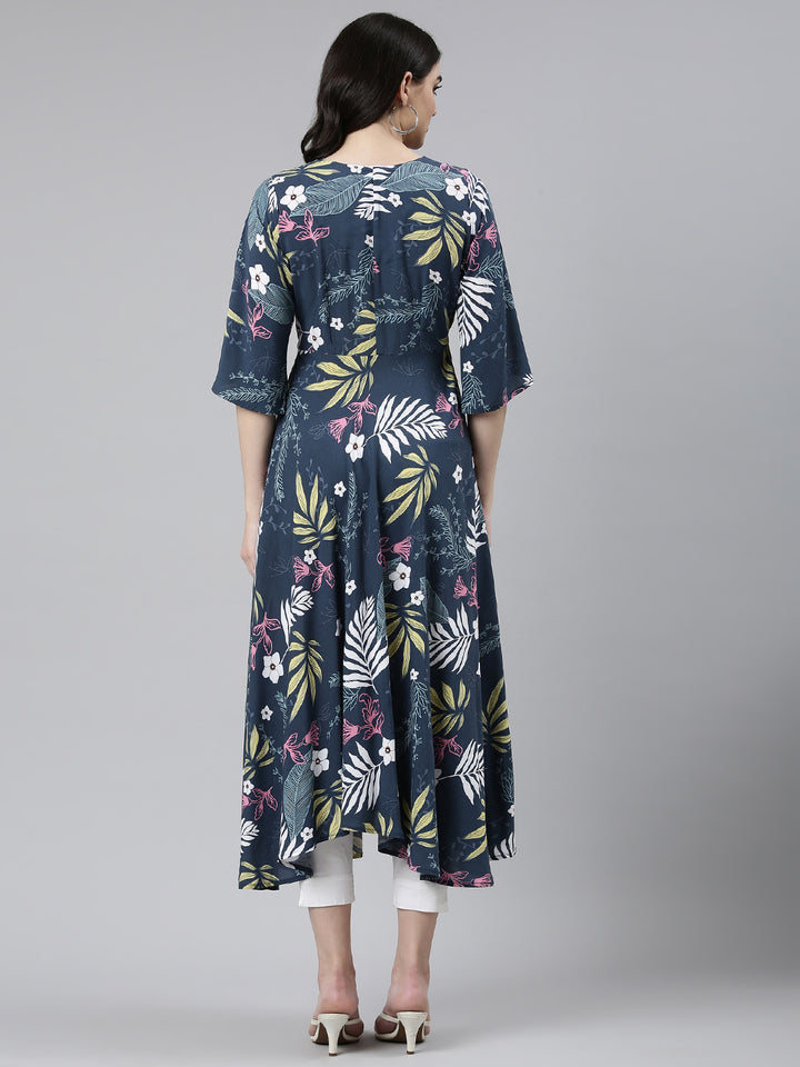 Neerus Blue High-Low Casual Printed Dress