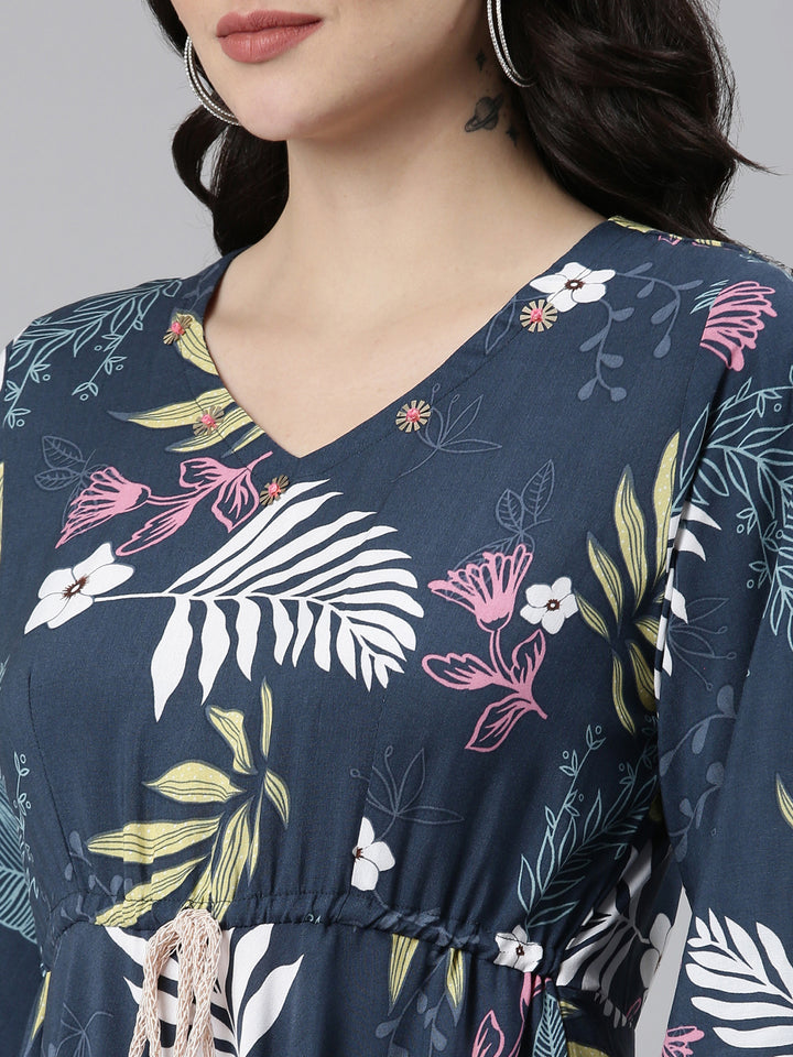 Neerus Blue High-Low Casual Printed Dress