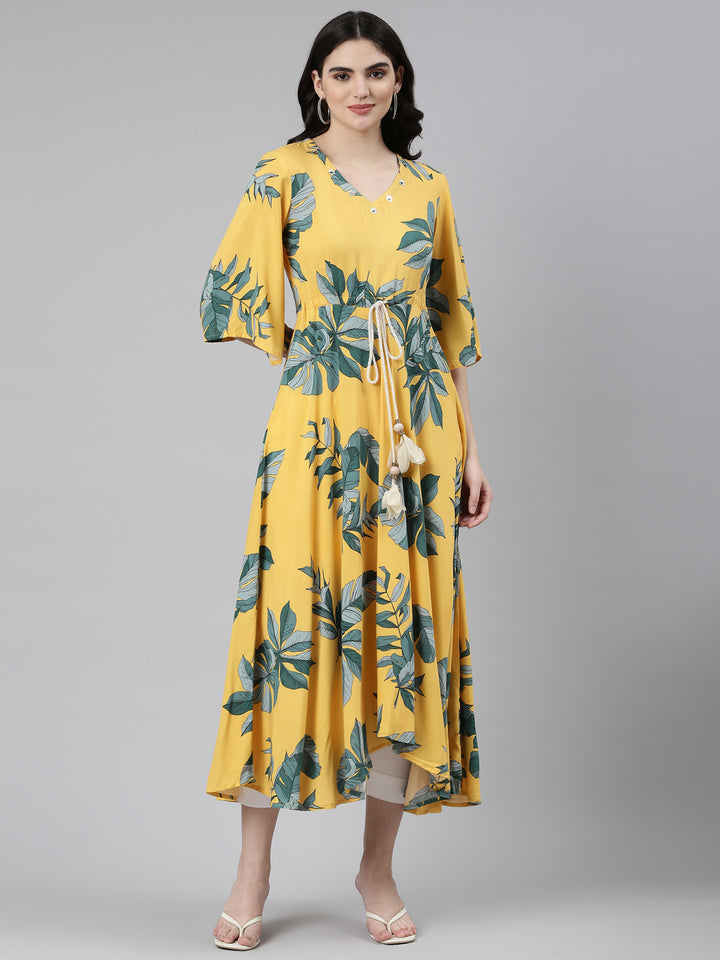 Neerus Mustard High-Low Casual Printed Dress