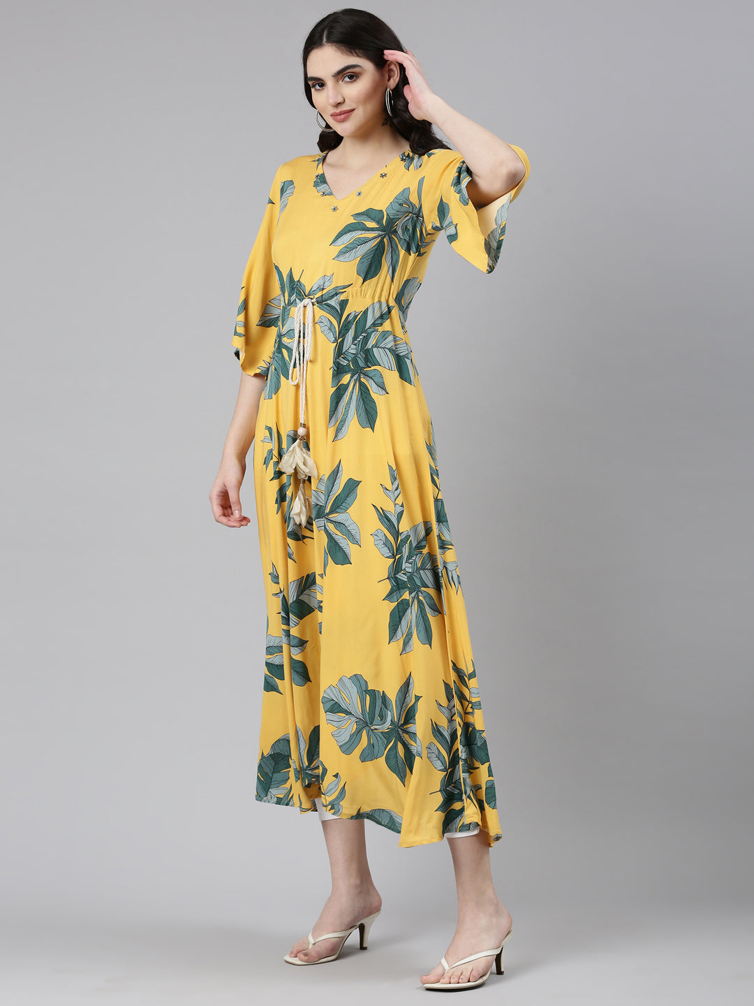 Neerus Mustard High-Low Casual Printed Gown