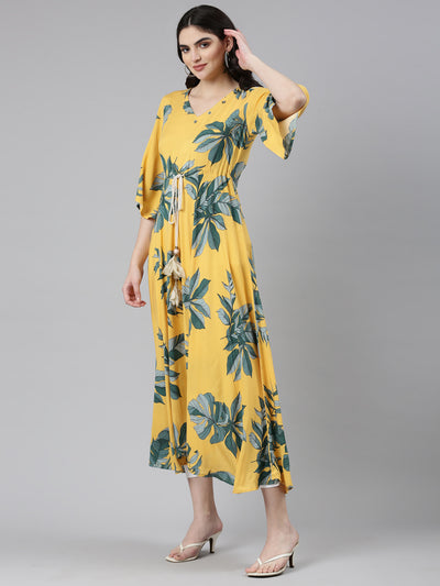 Neerus Mustard High-Low Casual Printed Gown