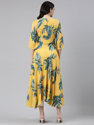 Neerus Mustard High-Low Casual Printed Gown