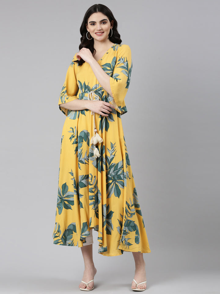 Neerus Mustard High-Low Casual Printed Dress