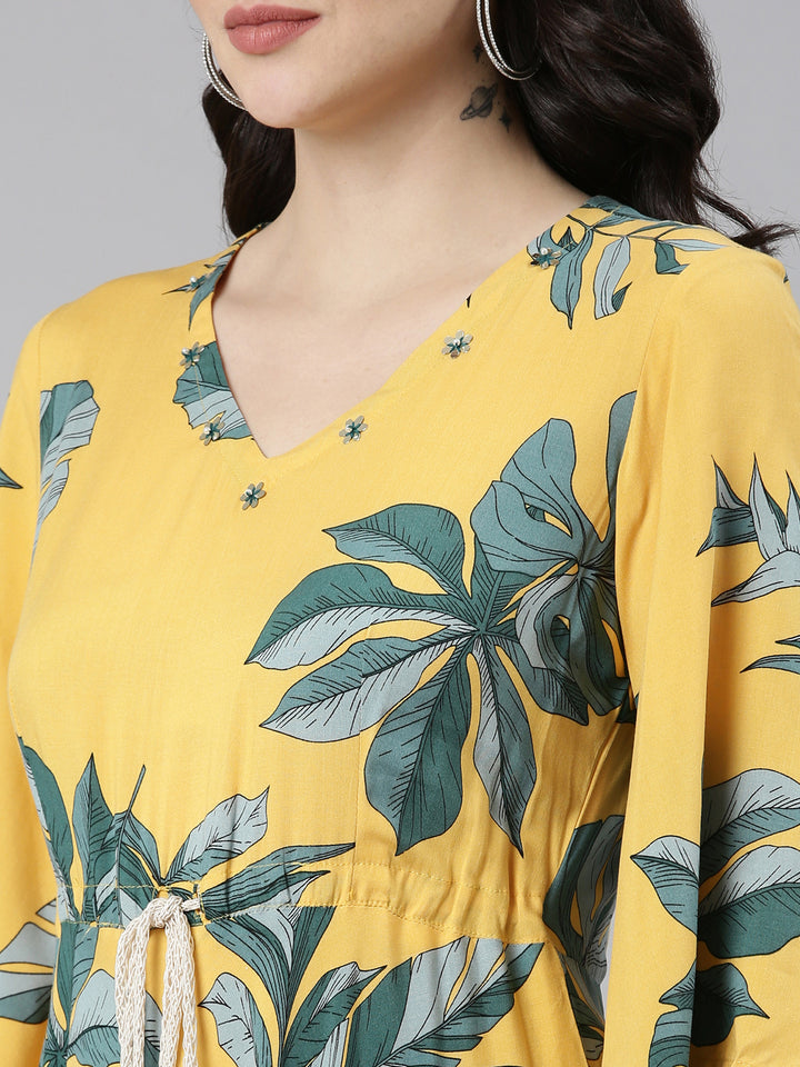 Neerus Mustard High-Low Casual Printed Dress