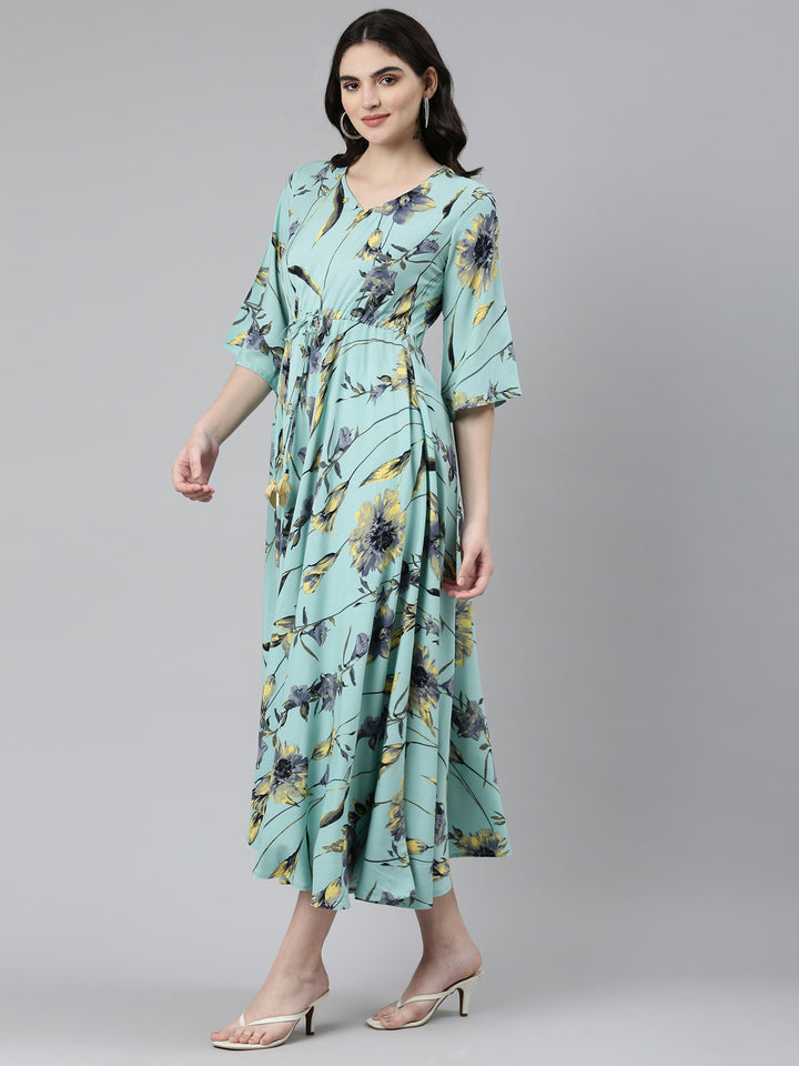 Neerus Sea Green High-Low Casual Printed Dress