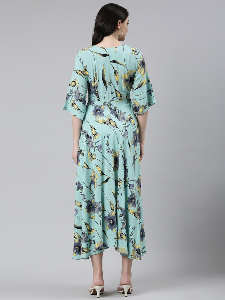 Neerus Sea Green High-Low Casual Printed Dress