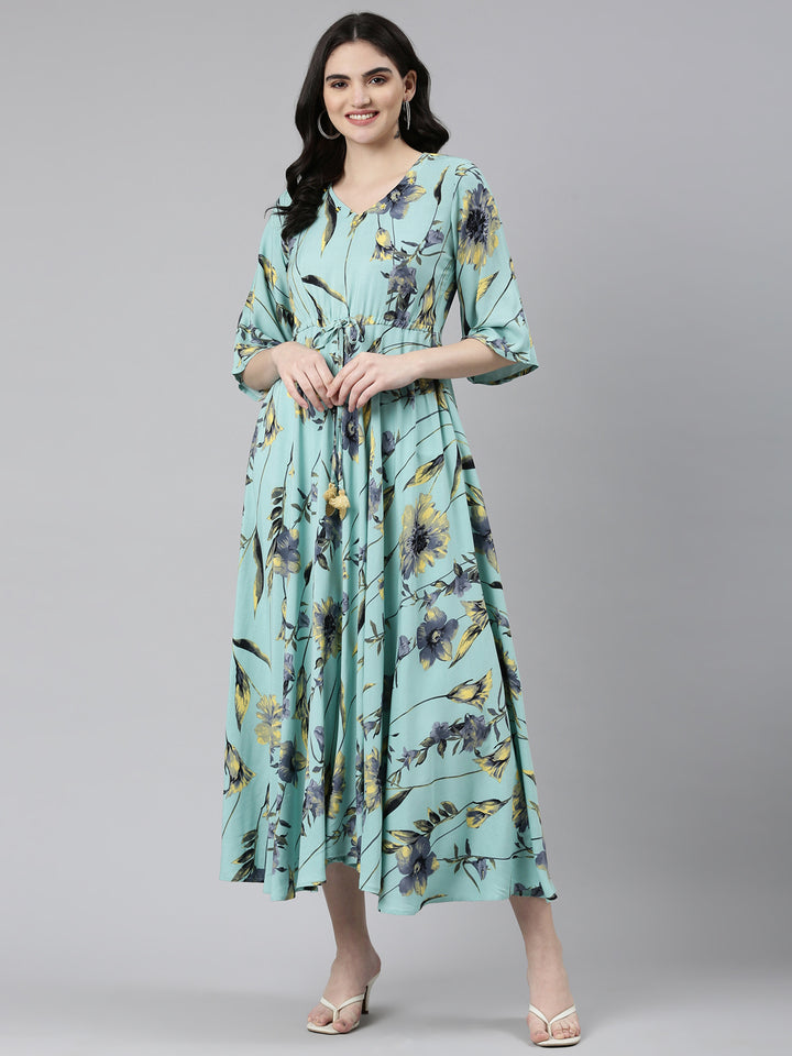 Neerus Sea Green High-Low Casual Printed Dress