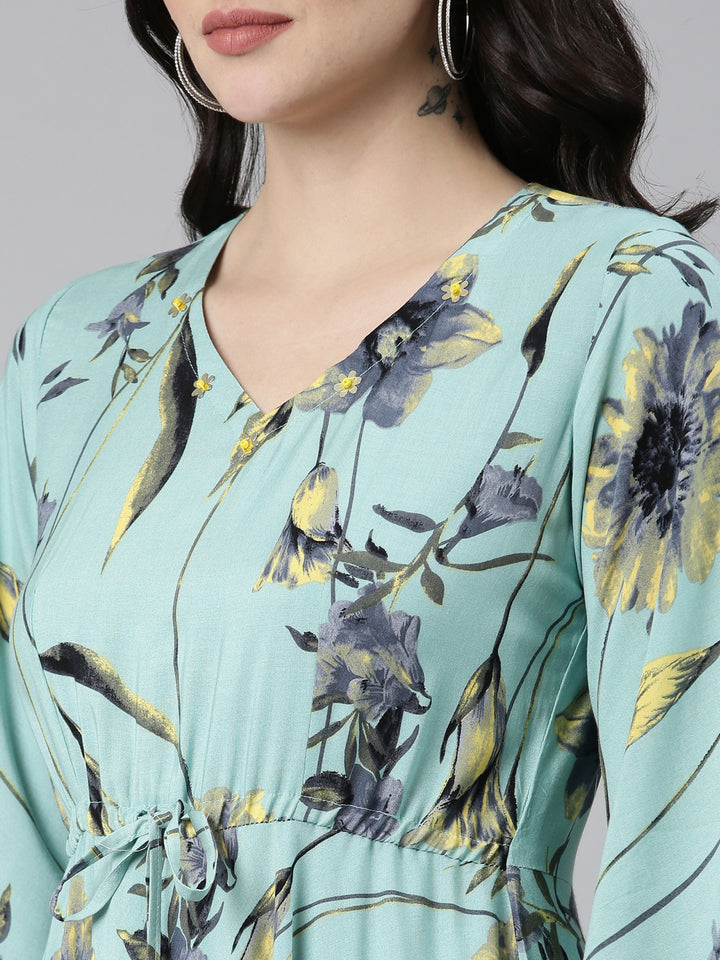 Neerus Sea Green High-Low Casual Printed Dress