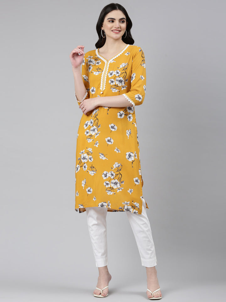 Neerus Mustard Regular Straight Solid Kurta