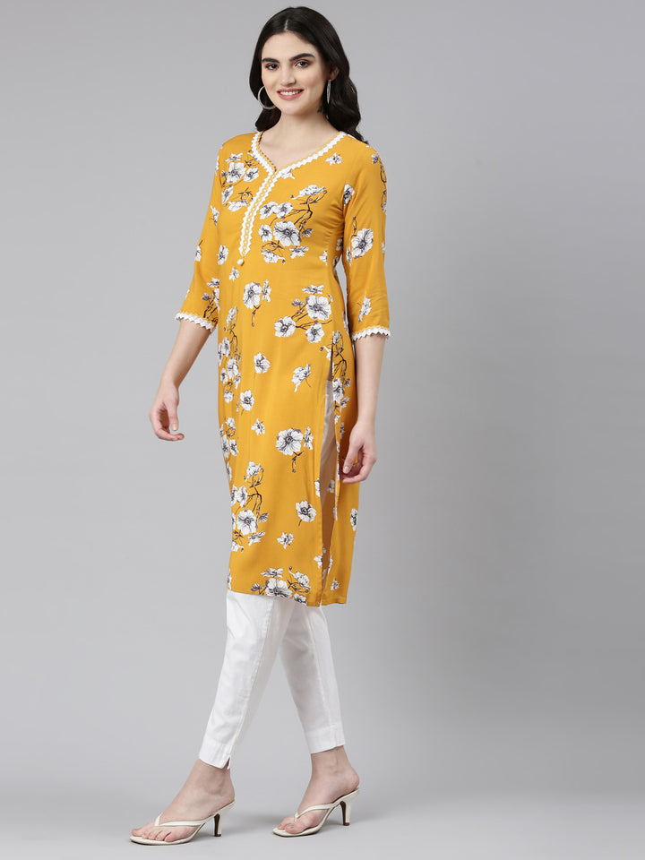 Neerus Mustard Regular Straight Solid Kurta