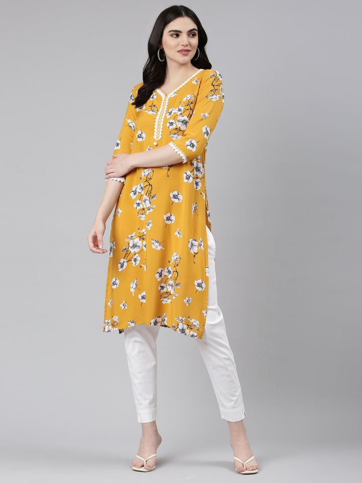 Neerus Mustard Regular Straight Solid Kurta