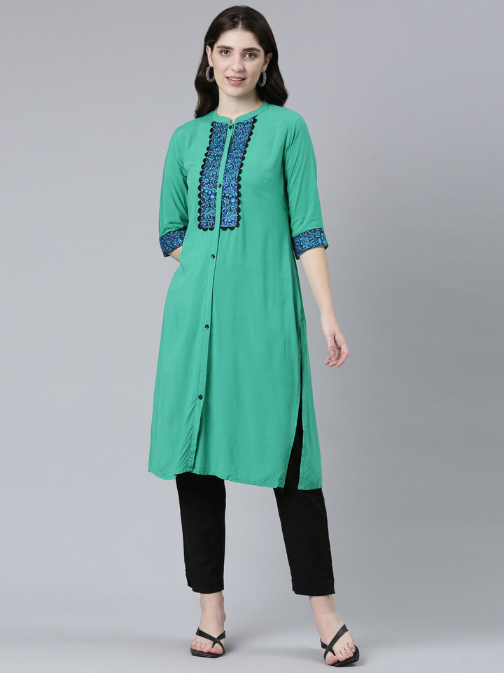 Neerus Green Regular Straight Solid Kurtas