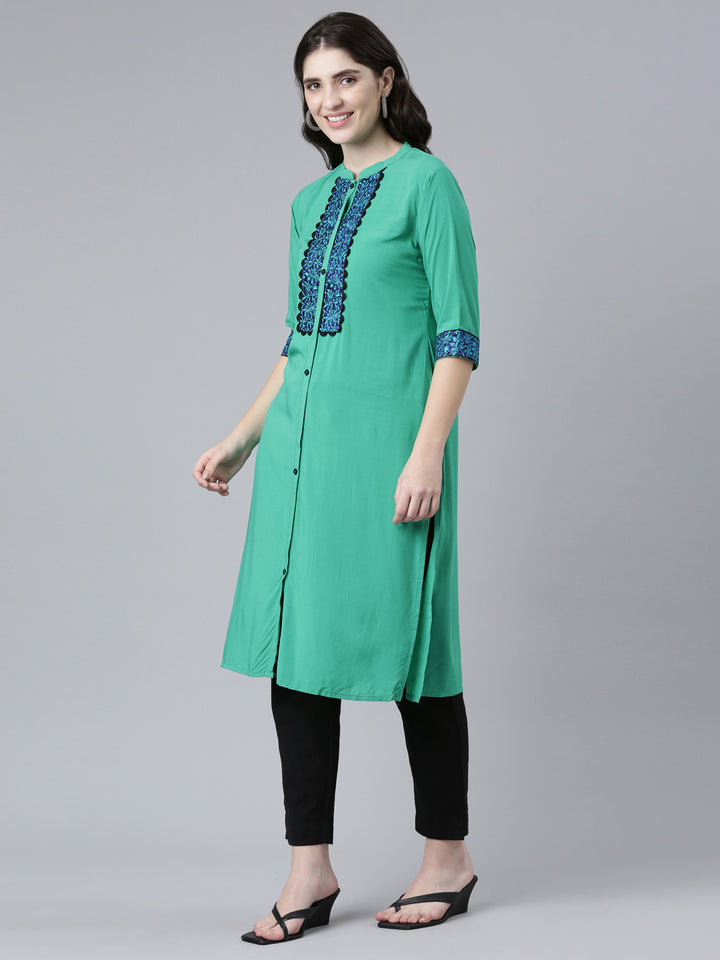 Neerus Green Regular Straight Solid Kurtas