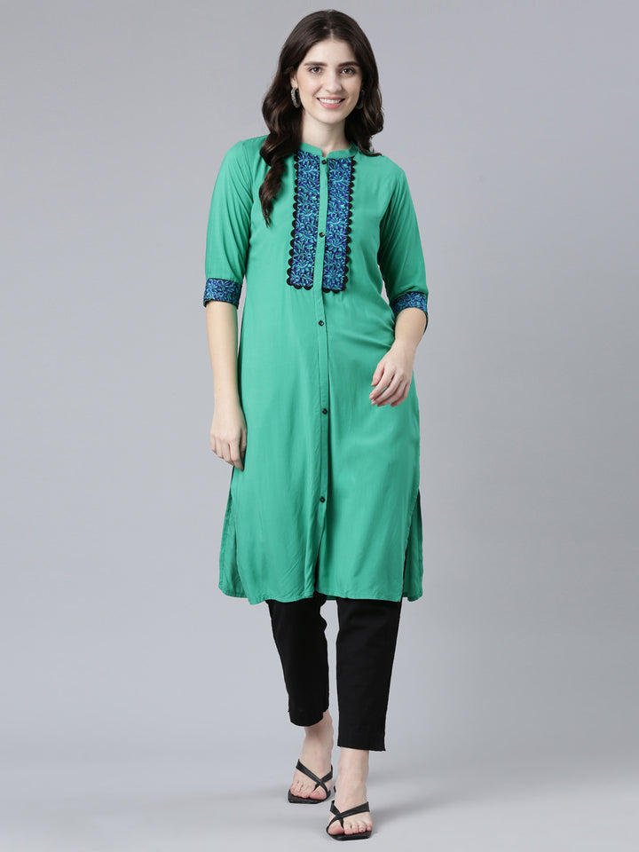 Neerus Green Regular Straight Solid Kurtas