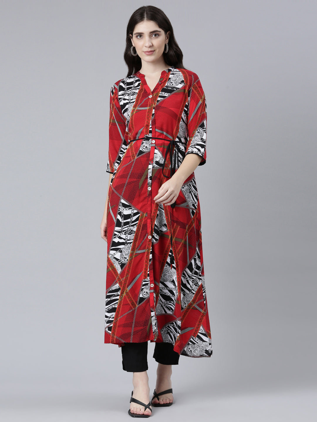 Neerus Red Straight Casual Printed Dress
