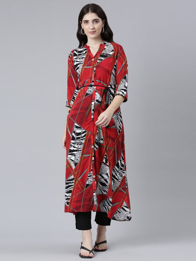Neerus Red Straight Casual Printed Gown
