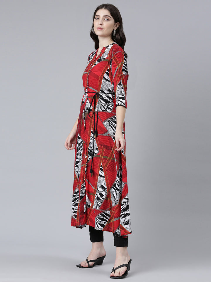 Neerus Red Straight Casual Printed Dress