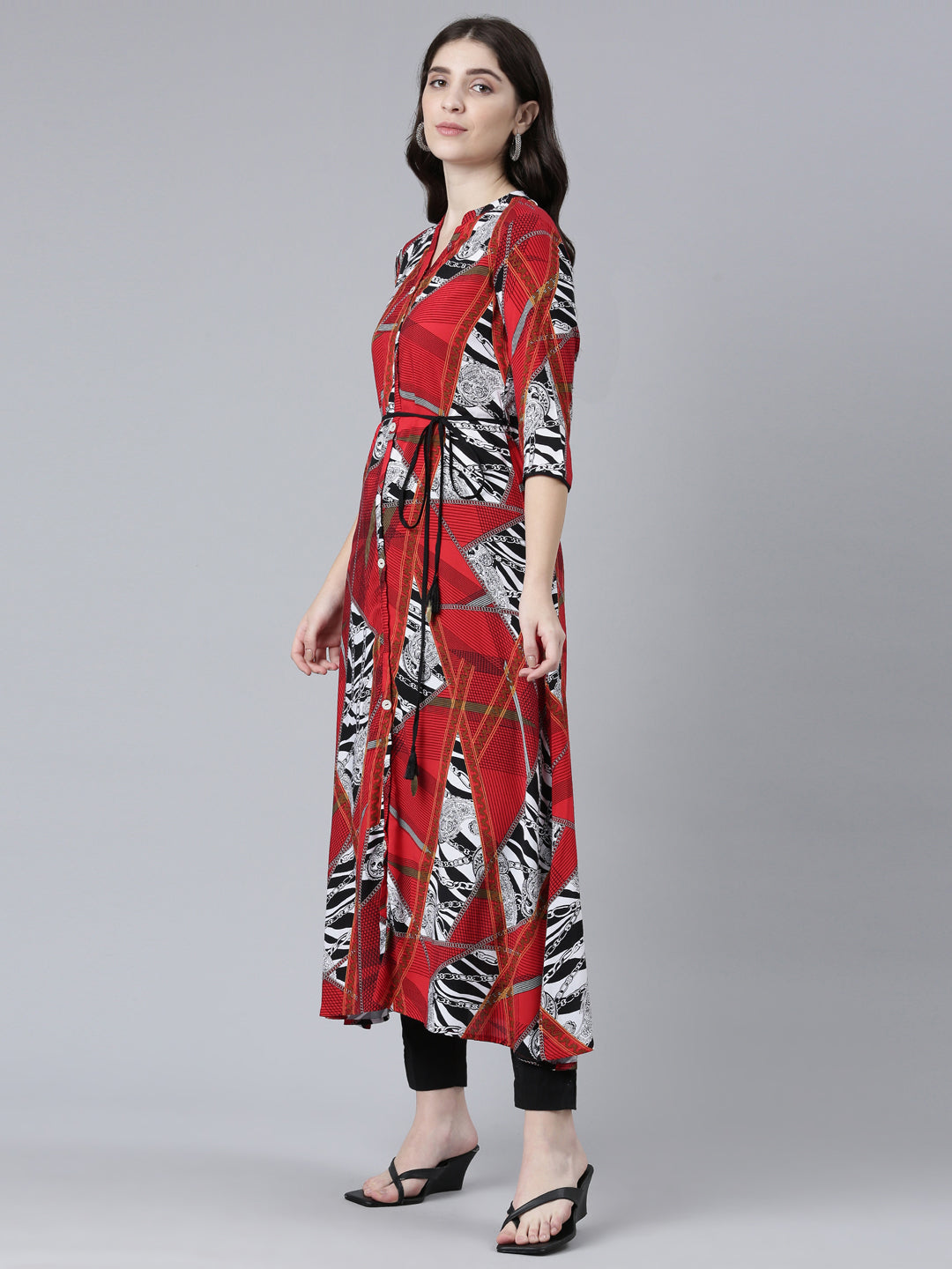 Neerus Red Straight Casual Printed Gown