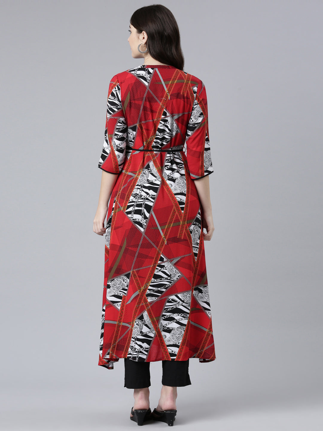 Neerus Red Straight Casual Printed Dress