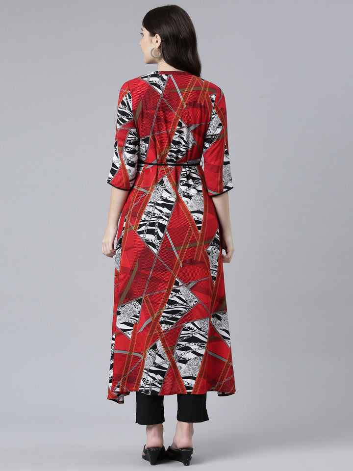 Neerus Red Straight Casual Printed Dress