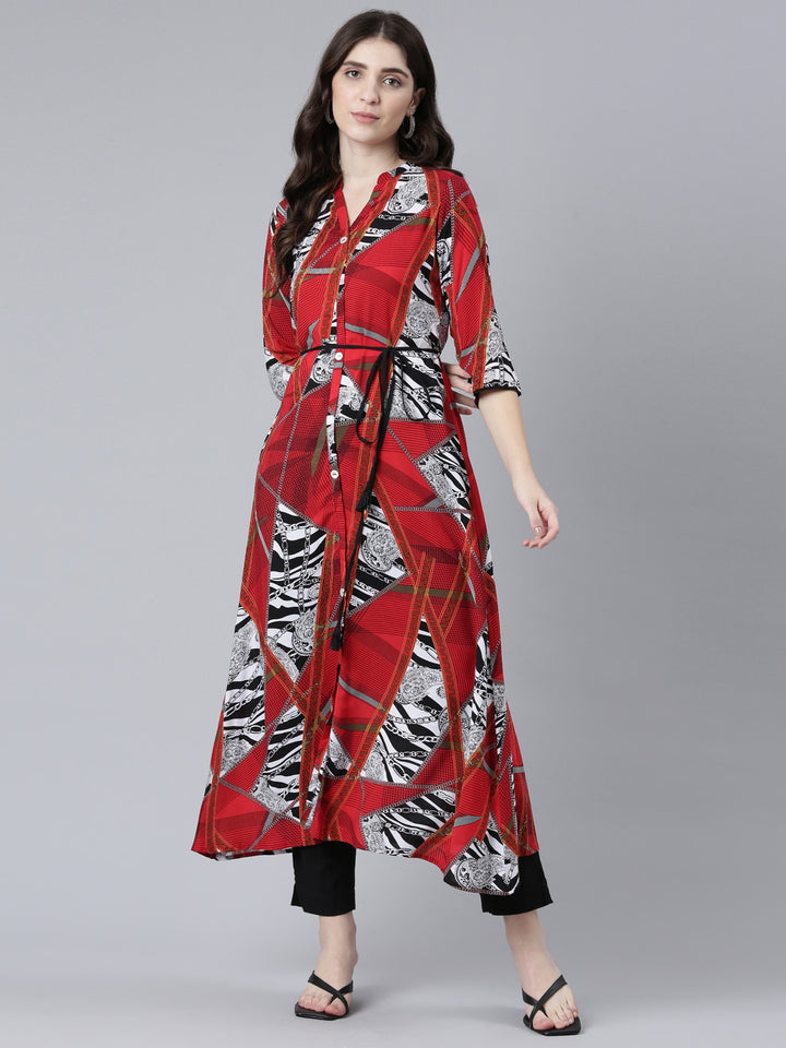 Neerus Red Straight Casual Printed Dress
