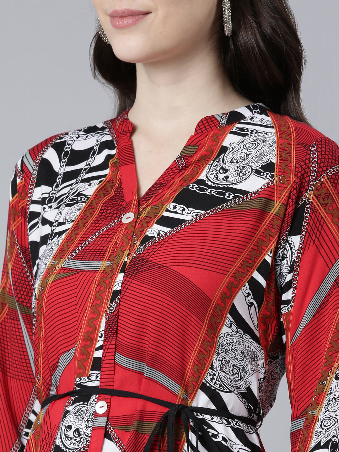 Neerus Red Straight Casual Printed Dress