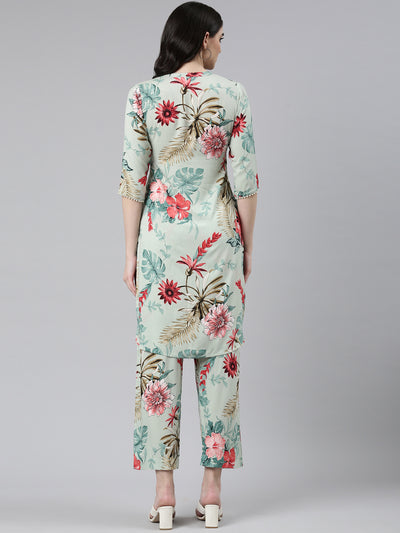 Neerus Green Regular Straight Printed Kurta And Trousers