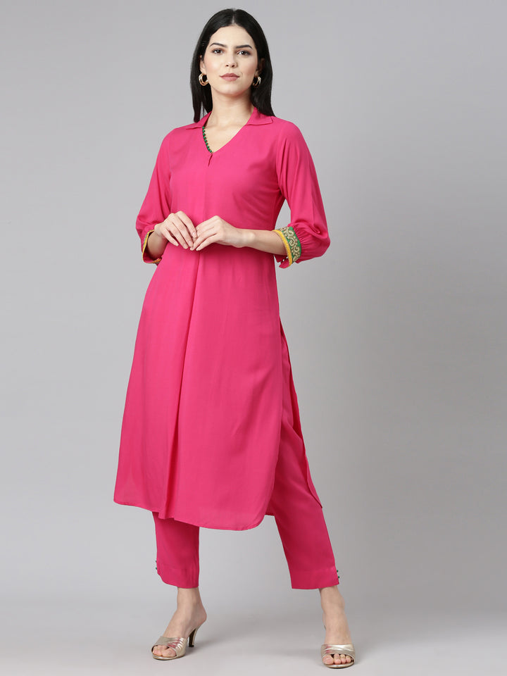 Neerus Pink Regular Straight Solid Kurta And Trousers