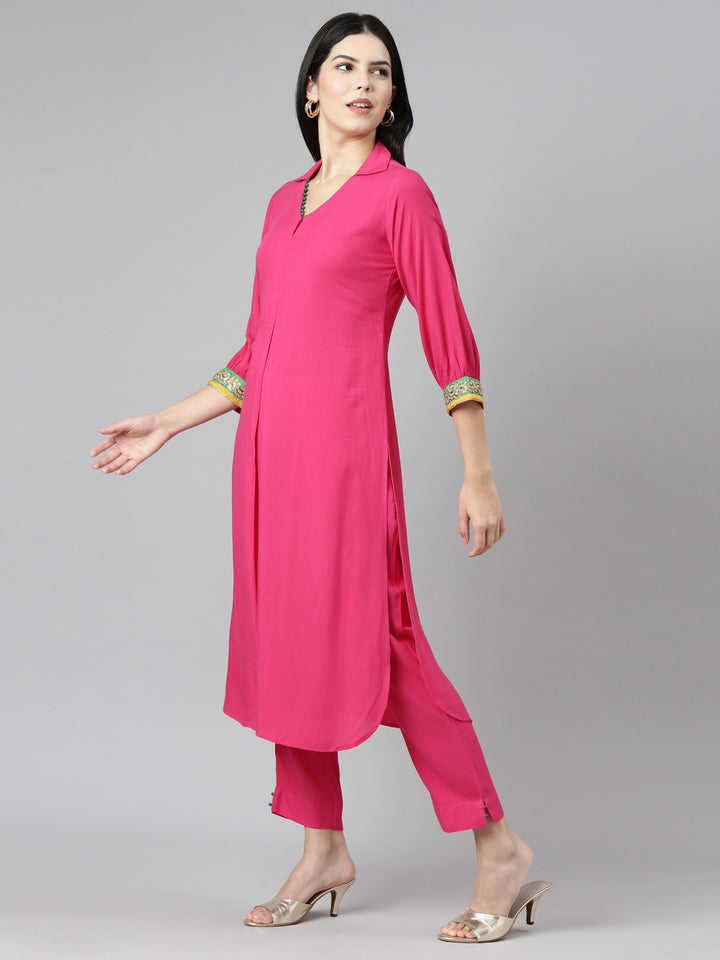 Neerus Pink Regular Straight Solid Kurta And Trousers