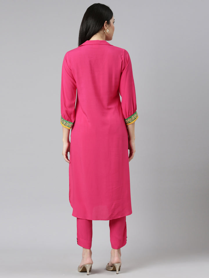 Neerus Pink Regular Straight Solid Kurta And Trousers